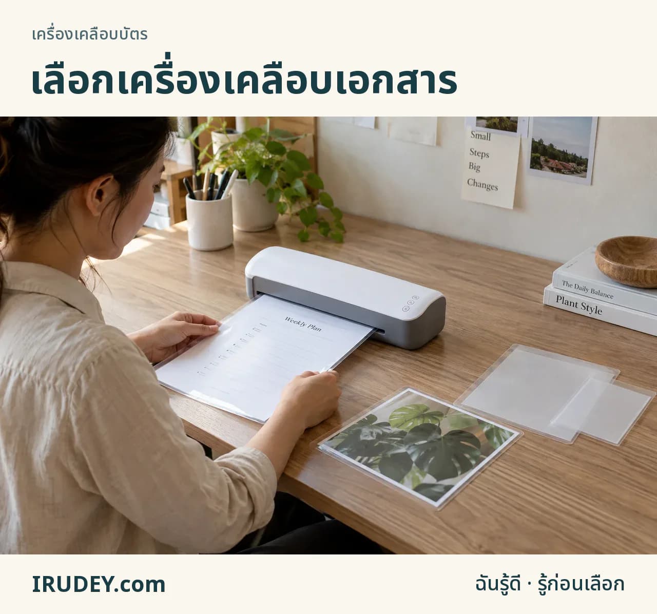 เครื่องเคลือบเอกสารกับซองและชิ้นงานหลายขนาดบนโต๊ะ