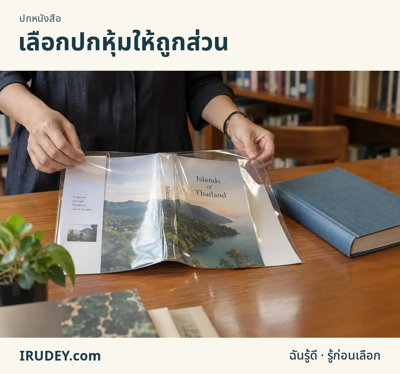 ปลอกใส กระดาษหุ้ม และหนังสือปกแข็งบนโต๊ะห้องสมุด