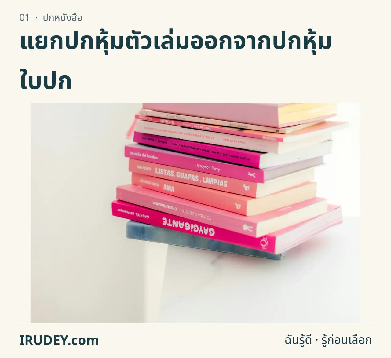 หนังสือหลายเล่มวางซ้อนบนโต๊ะ แสดงปกและความหนาของสันหนังสือ