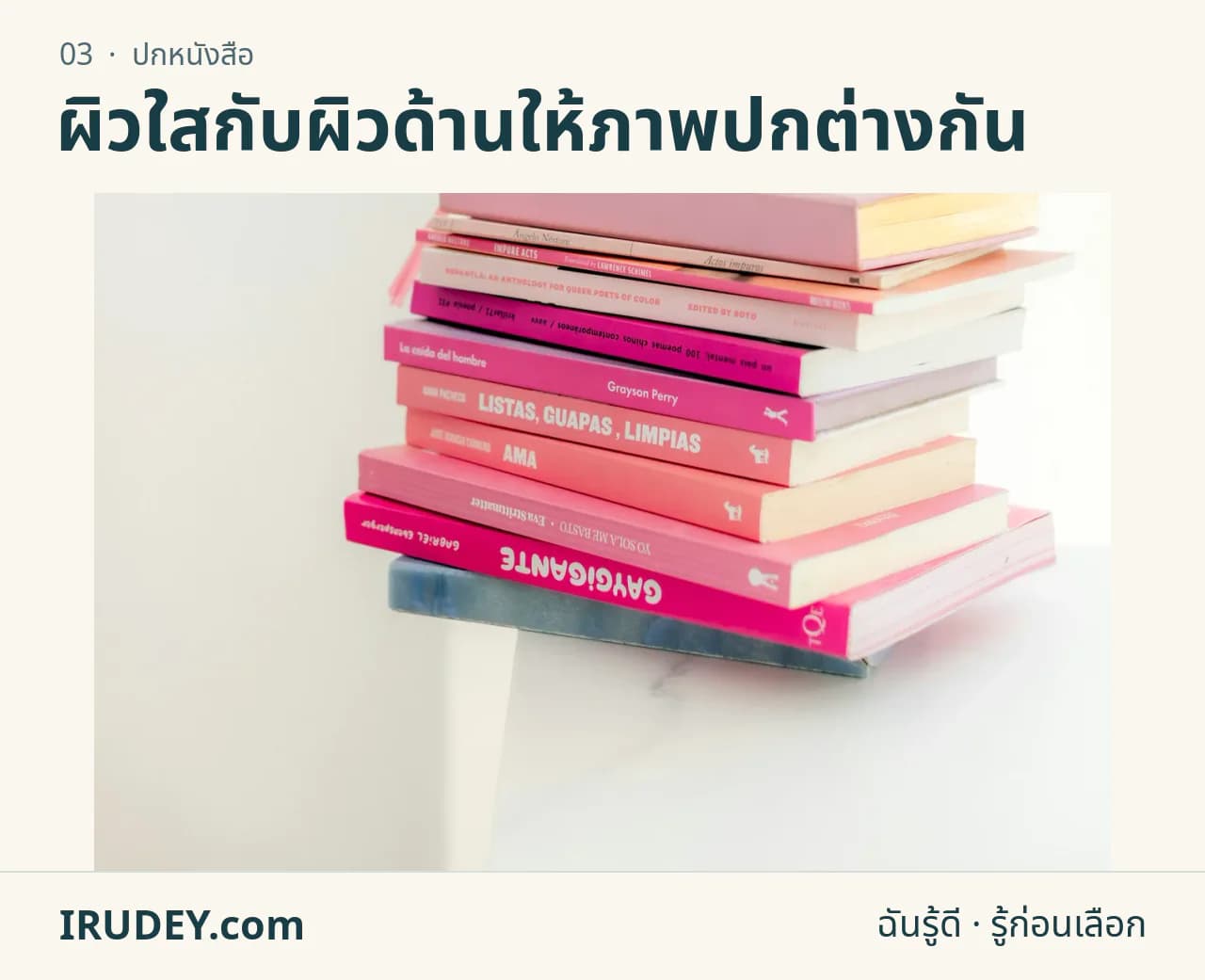 หนังสือหลายเล่มวางซ้อนบนโต๊ะ แสดงปกและความหนาของสันหนังสือ
