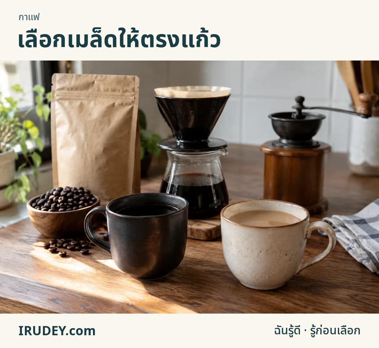 เมล็ดกาแฟกับกาแฟดำและกาแฟนมบนเคาน์เตอร์