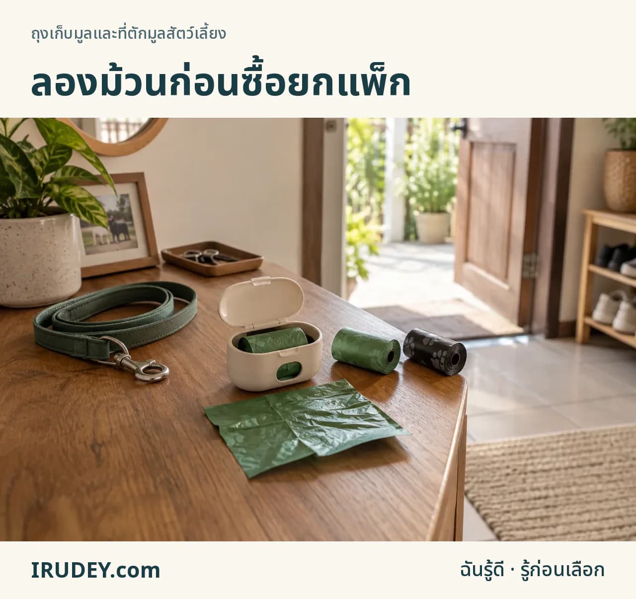 กล่องพก ถุงแบบม้วน และสายจูงที่เตรียมก่อนออกบ้าน