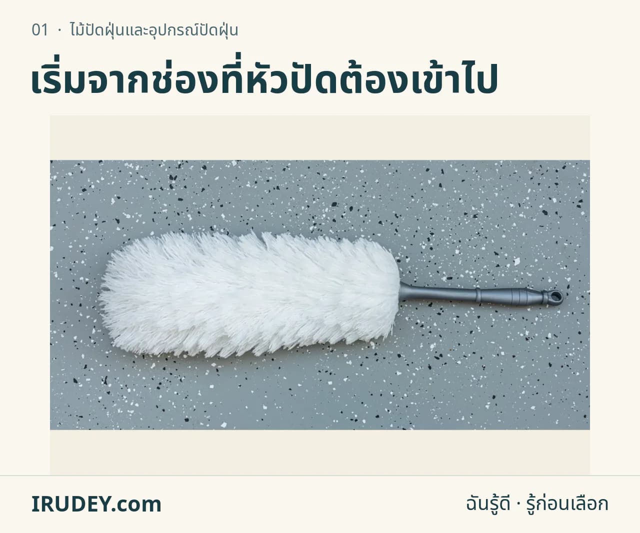 ไม้ปัดฝุ่นขนนกด้ามยาววางบนพื้นหลังเรียบ แสดงรูปทรงของหัวปัดและด้ามจับ