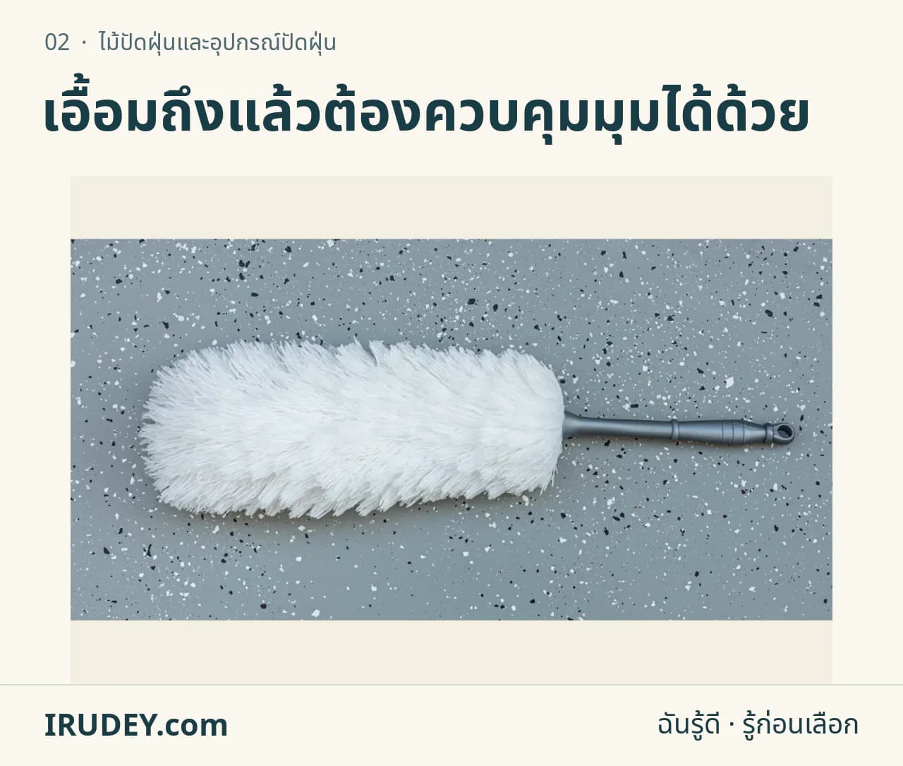 ไม้ปัดฝุ่นขนนกด้ามยาววางบนพื้นหลังเรียบ แสดงรูปทรงของหัวปัดและด้ามจับ