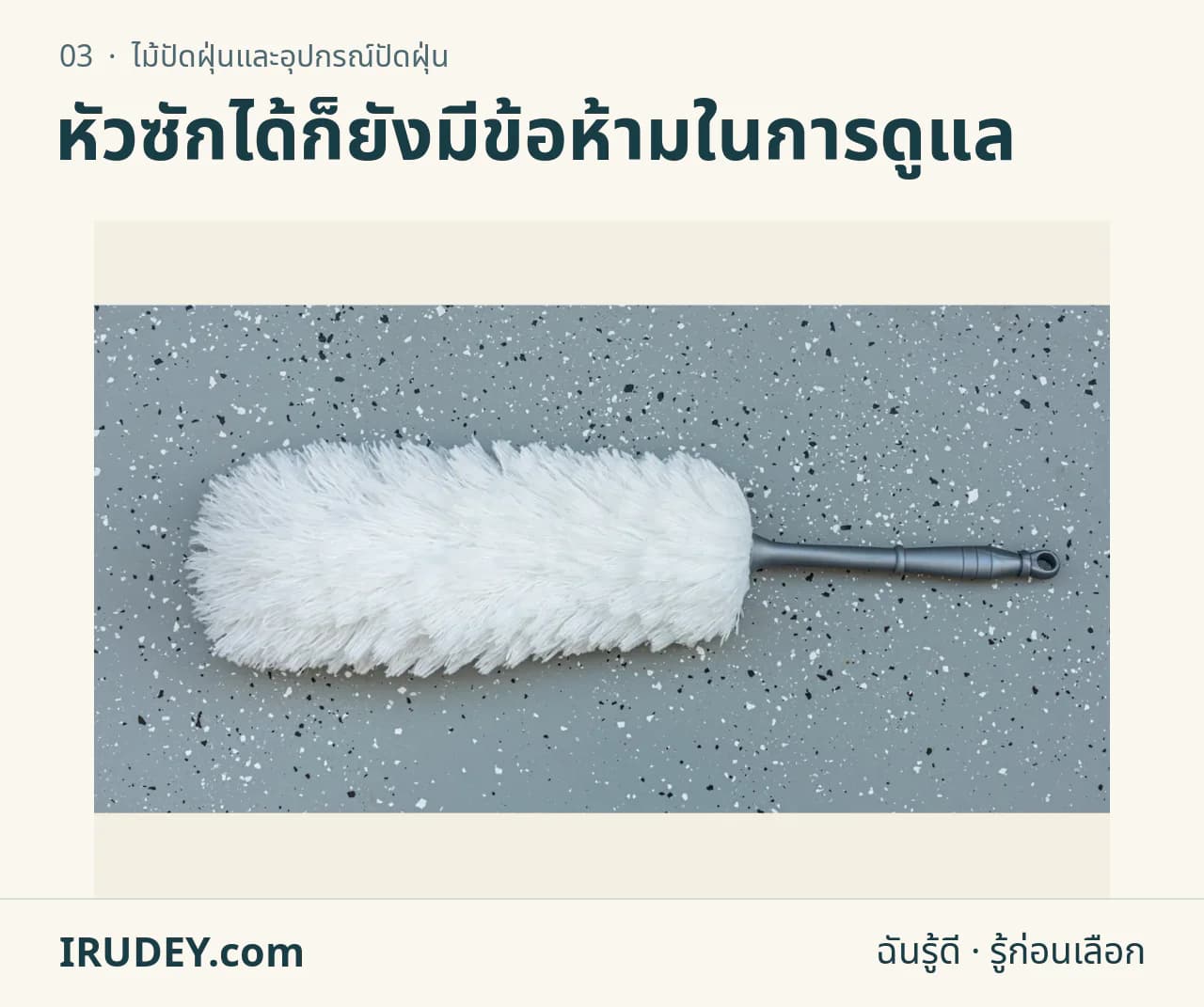 ไม้ปัดฝุ่นขนนกด้ามยาววางบนพื้นหลังเรียบ แสดงรูปทรงของหัวปัดและด้ามจับ