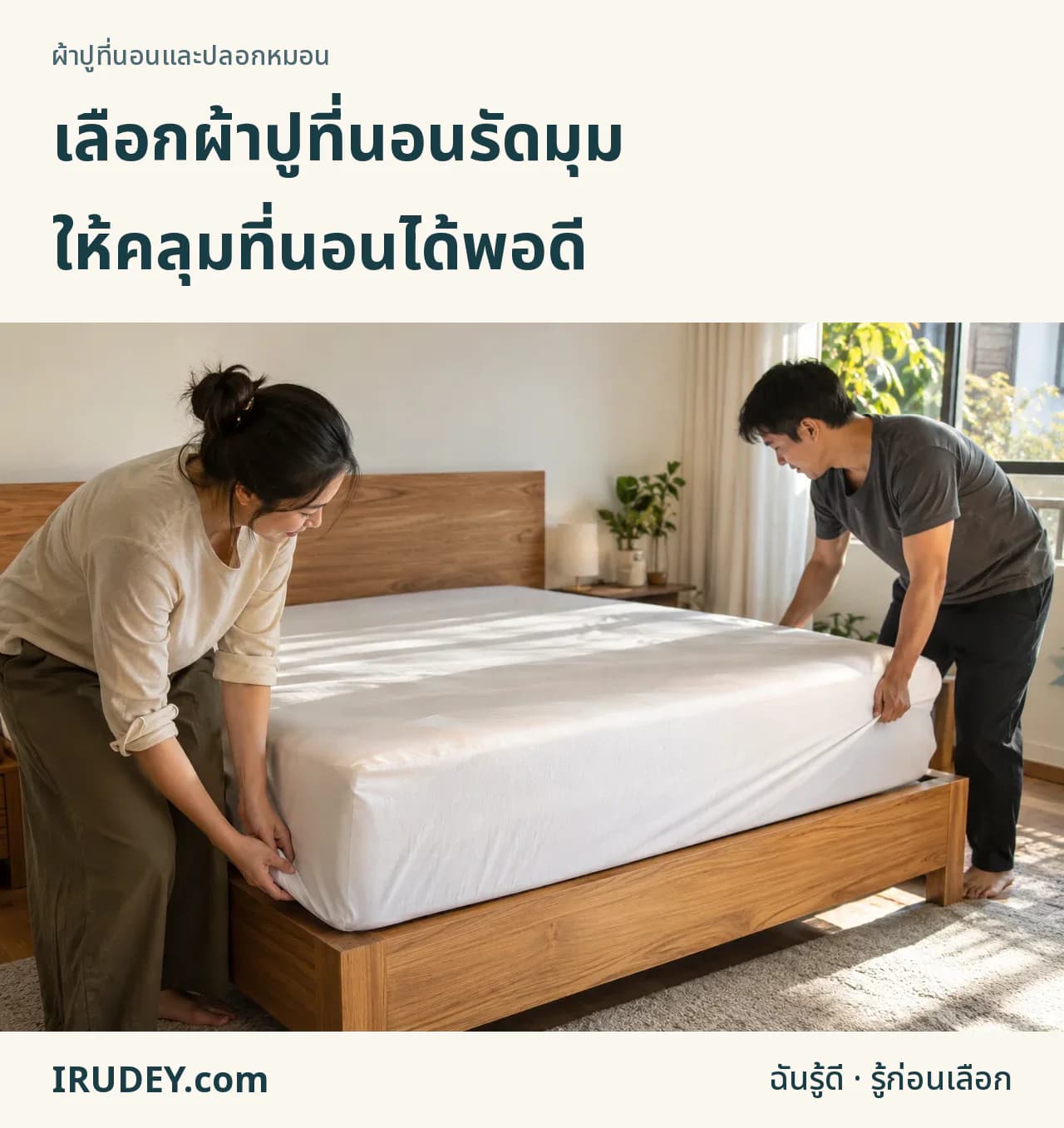 ลองคลุมผ้าปูรัดมุมบนที่นอนที่ใช้งานจริง