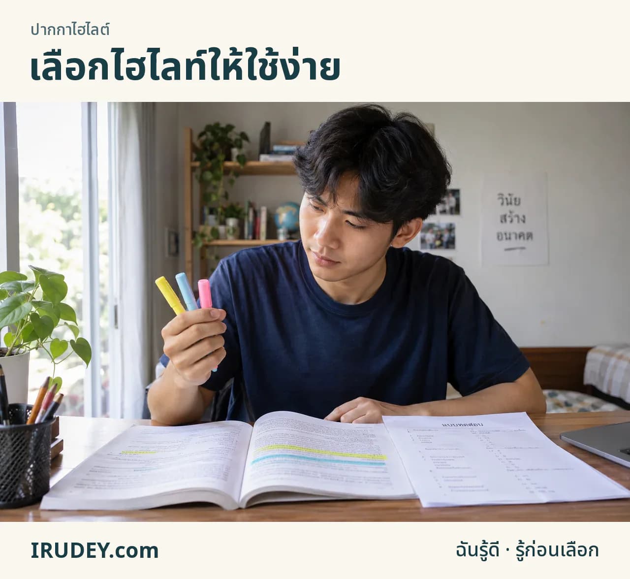 ปากกาไฮไลท์กับหน้าทดลองและหนังสือบนโต๊ะอ่าน