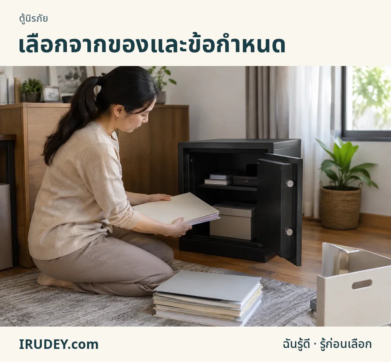ตู้เซฟเปิดเทียบกับแฟ้มและกล่องที่จะเก็บ