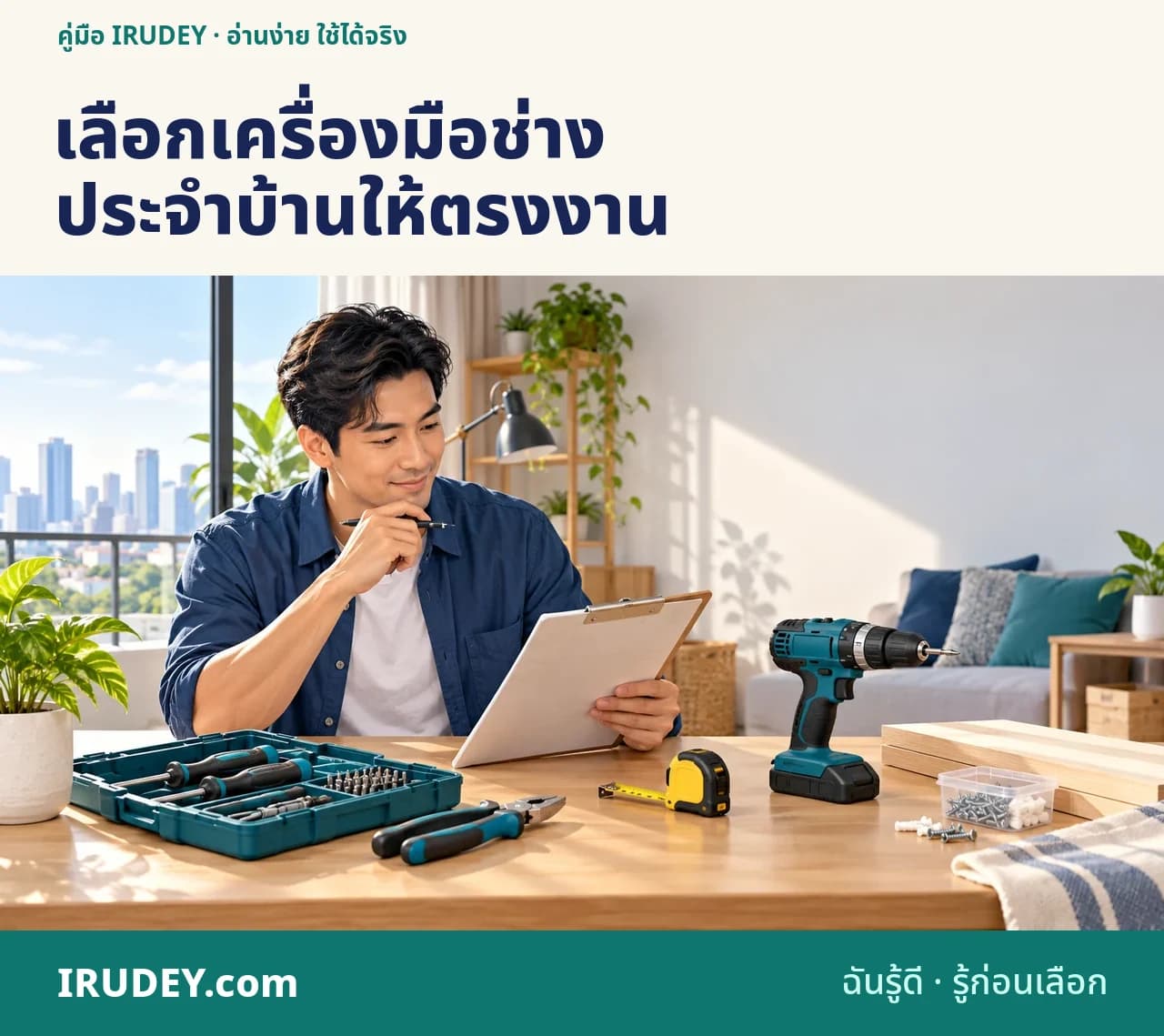 ภาพประกอบเจ้าของบ้านวางแผนงานและเลือกเครื่องมือพื้นฐานบนโต๊ะก่อนซื้อ