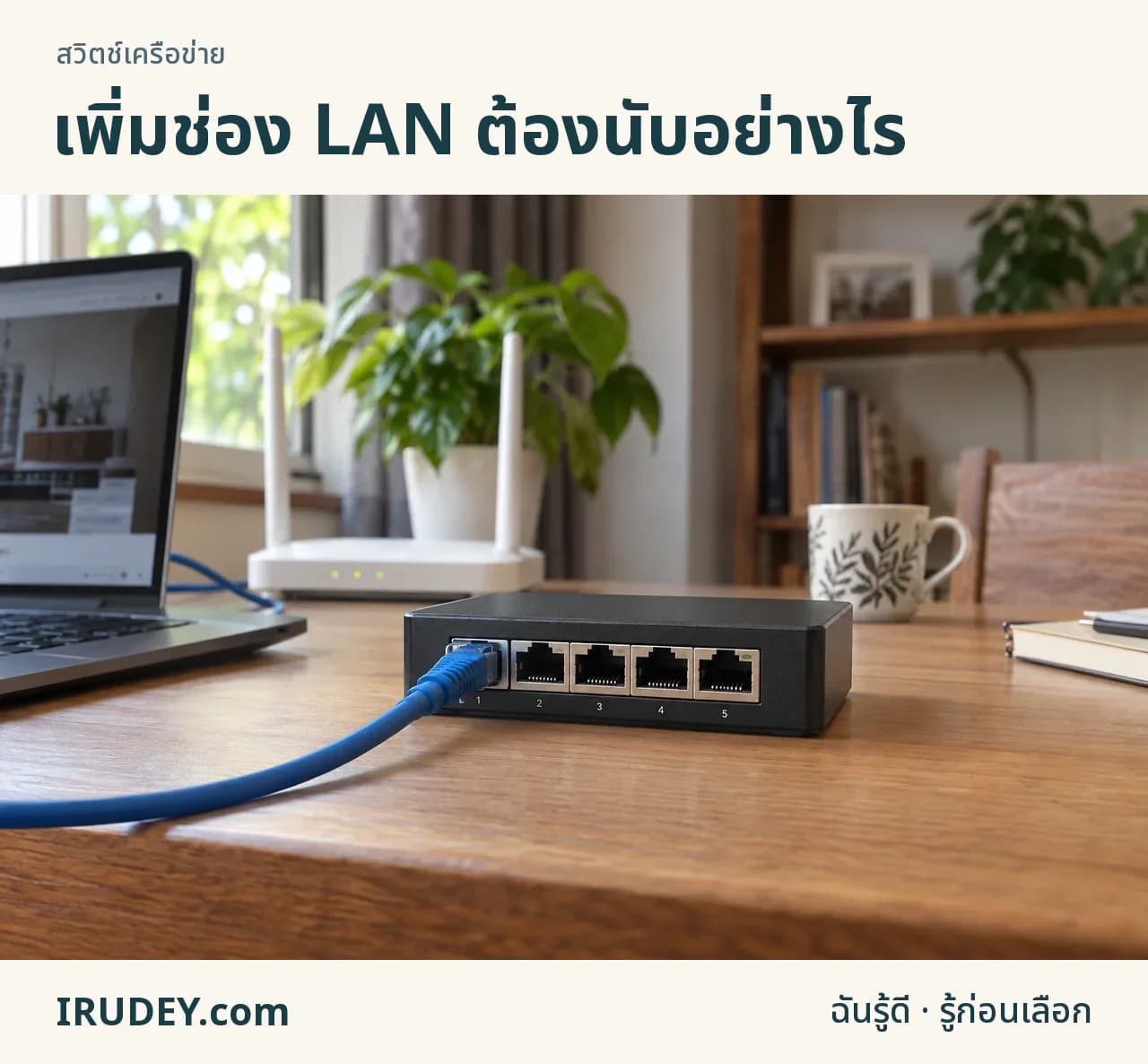 สวิตช์ห้าพอร์ตใช้หนึ่งช่องต่อกลับเราเตอร์ เหลือสี่ช่องให้เครื่องอื่น
