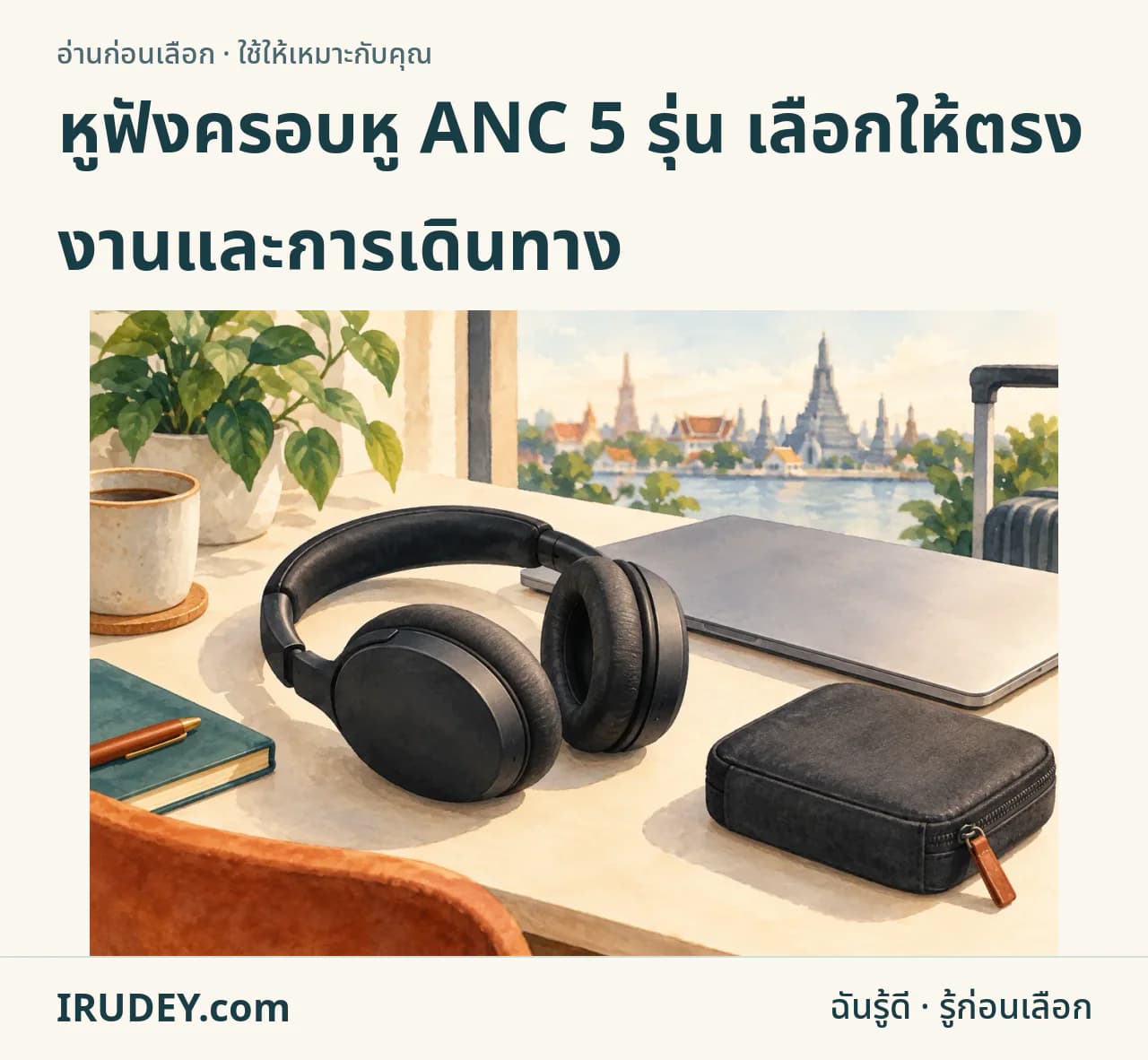 ภาพวาดหูฟังครอบหูทั่วไปกับคอมและกระเป๋าเดินทาง ไม่ใช่ภาพสินค้ารุ่นที่เสนอขาย
