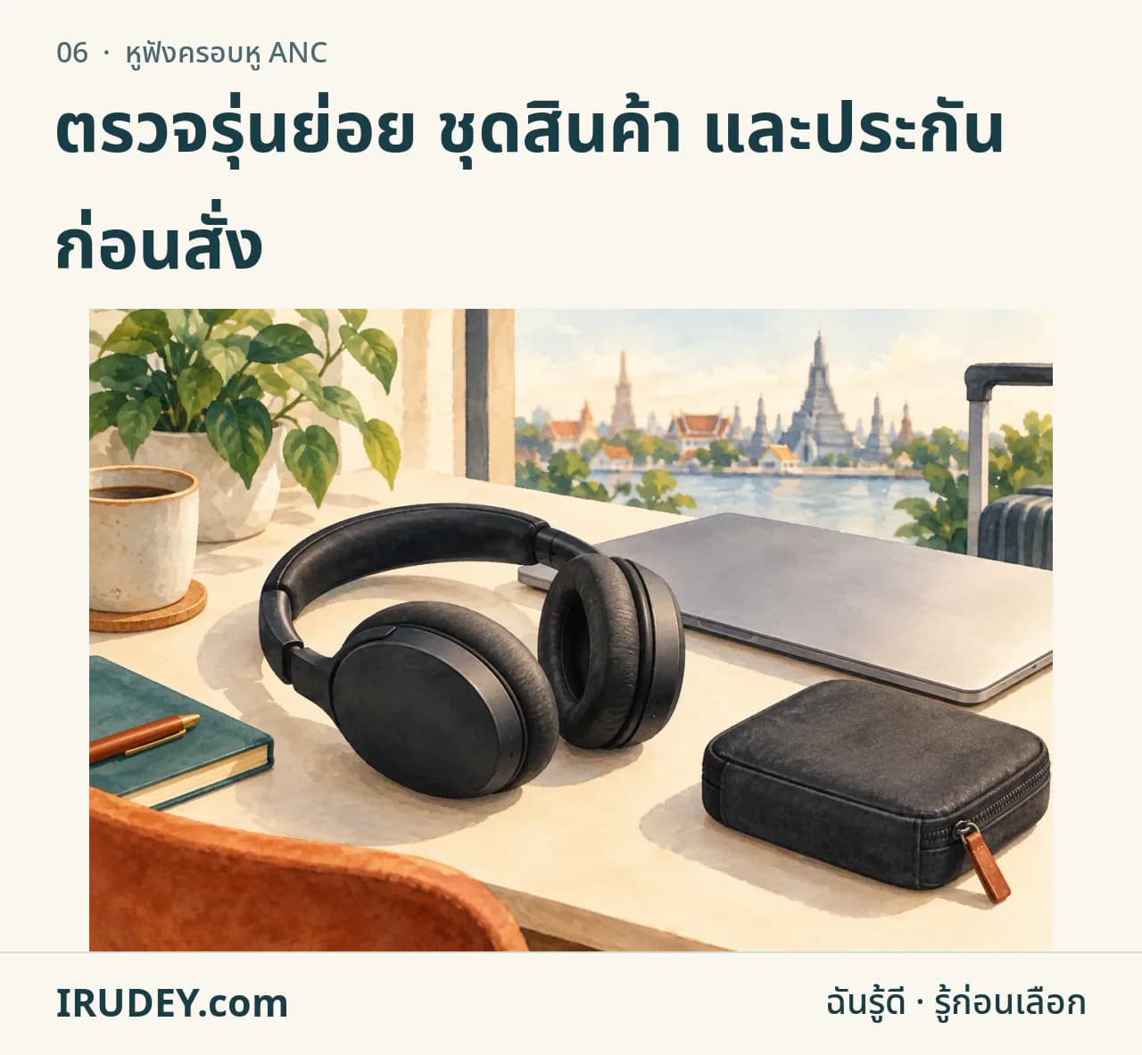 ภาพวาดหูฟังครอบหูทั่วไปกับคอมและกระเป๋าเดินทาง ไม่ใช่ภาพสินค้ารุ่นที่เสนอขาย