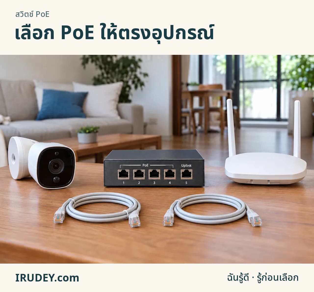 สวิตช์ PoE ตัวอย่างกับกล้องและ AP ที่ต้องตรวจความเข้ากันได้