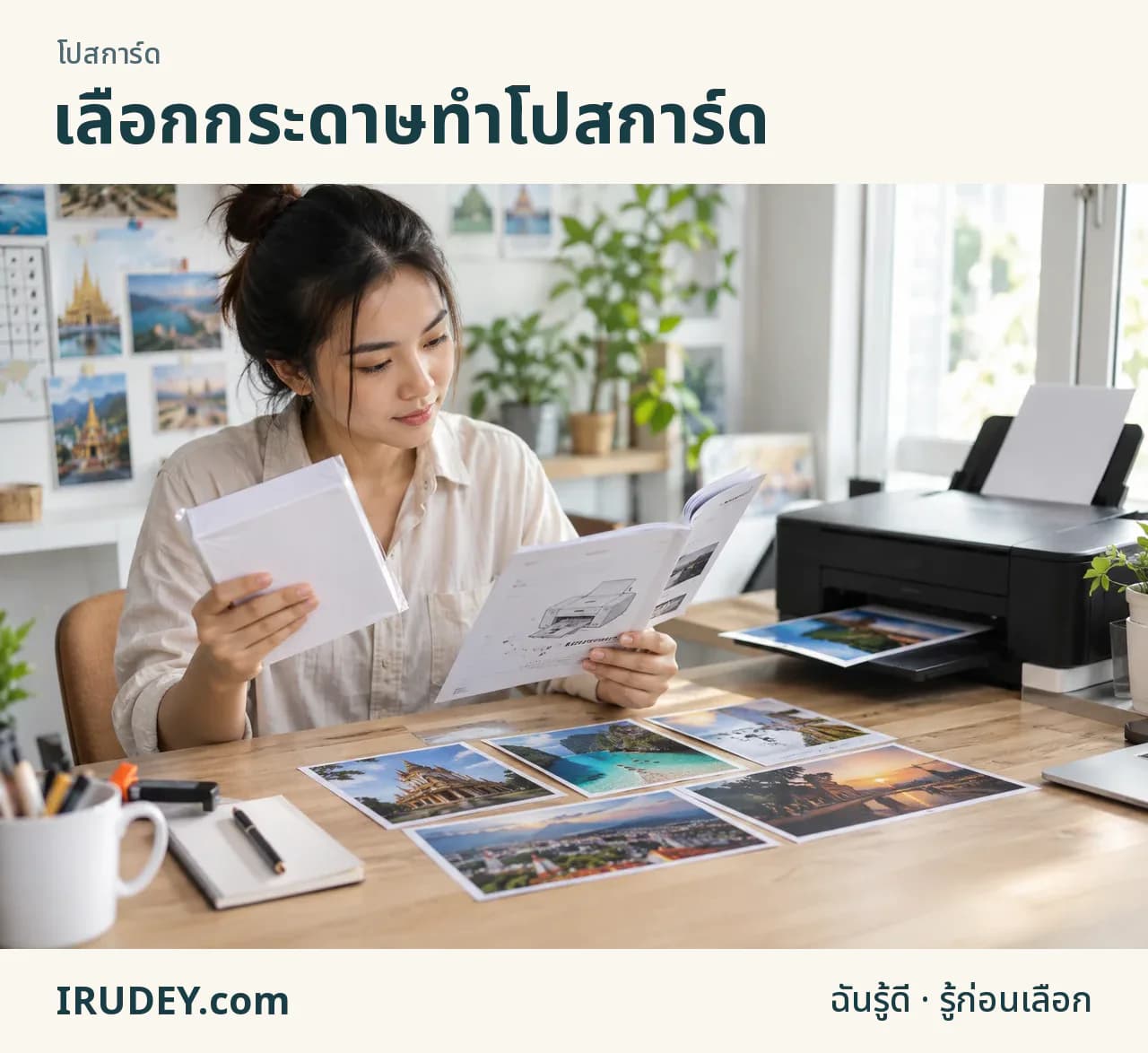 เครื่องพิมพ์ กระดาษการ์ด และแผ่นทดลองสำหรับทำโปสการ์ด