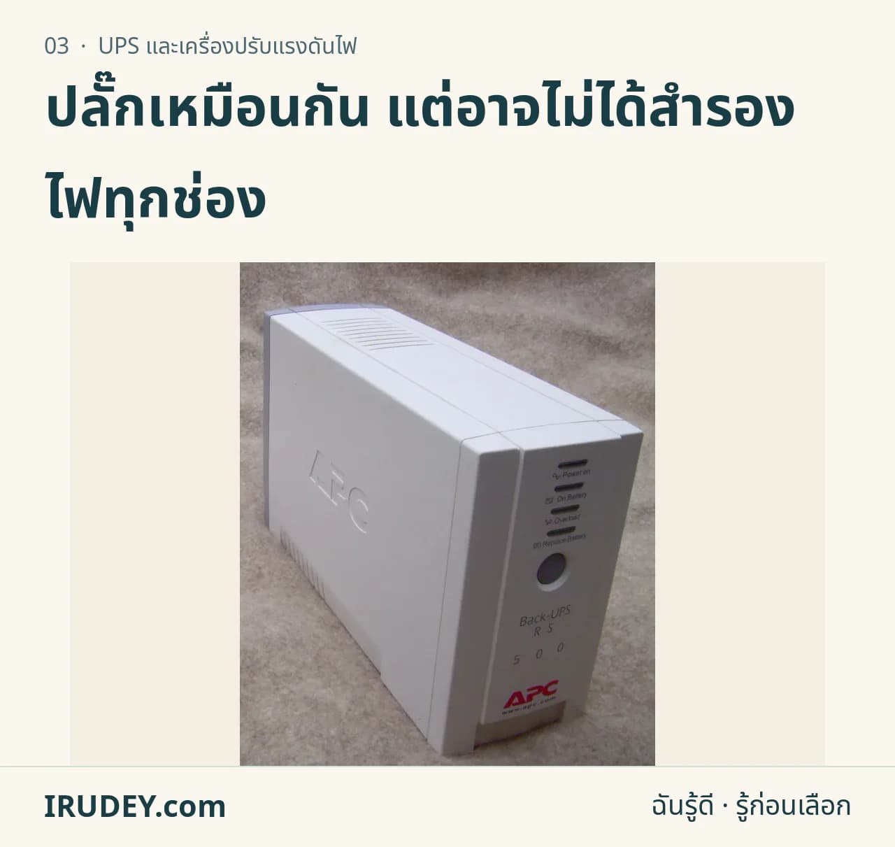 เครื่องสำรองไฟแบบปิดฝาตั้งบนพื้นเรียบ แสดงลักษณะเครื่อง UPS สำหรับโต๊ะทำงาน