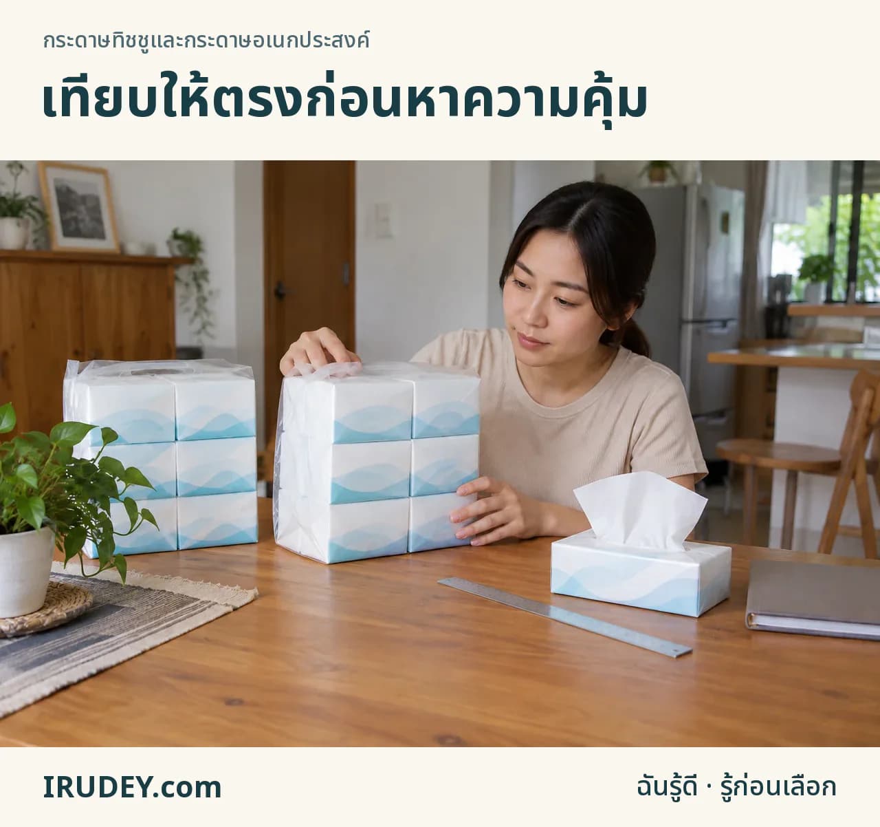 แพ็กทิชชู่ กล่องเดิม และไม้บรรทัดสำหรับตรวจปริมาณก่อนซื้อ