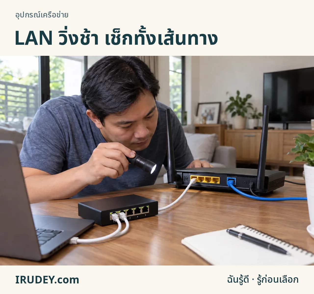 ตรวจเส้นทางสาย LAN ระหว่างคอมพิวเตอร์ สวิตช์ และเราเตอร์