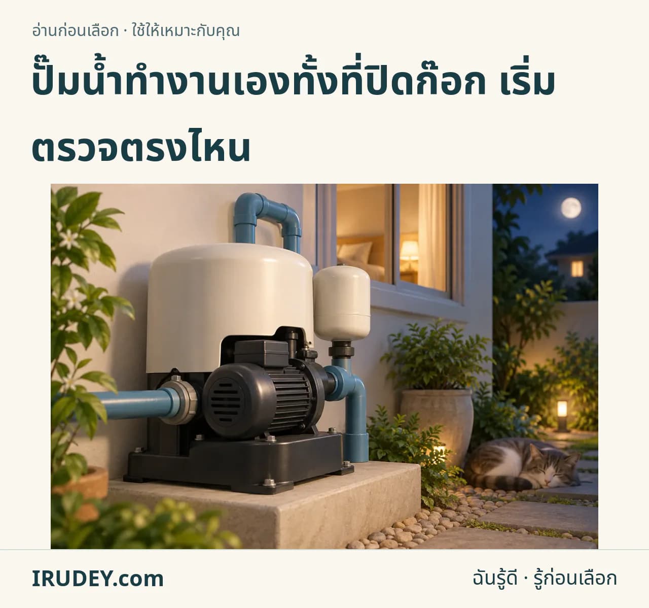 ภาพวาดประกอบ: ภาพอธิบาย ปั๊มน้ำทำงานเองทั้งที่ปิดก๊อก เริ่มตรวจตรงไหน