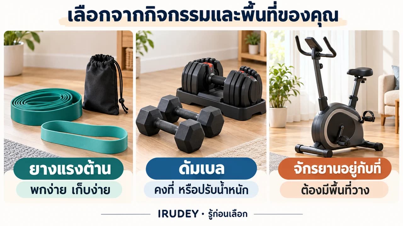 ภาพประกอบเปรียบเทียบยางแรงต้านที่เก็บง่าย ดัมเบลคงที่และปรับน้ำหนัก และจักรยานอยู่กับที่ซึ่งต้องมีพื้นที่วาง ไม่ใช่ภาพสินค้ารุ่นที่เสนอขาย