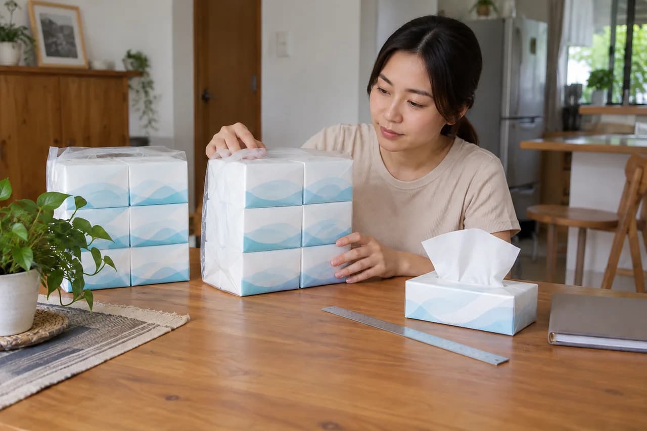แพ็กทิชชู่ กล่องเดิม และไม้บรรทัดสำหรับตรวจปริมาณก่อนซื้อ