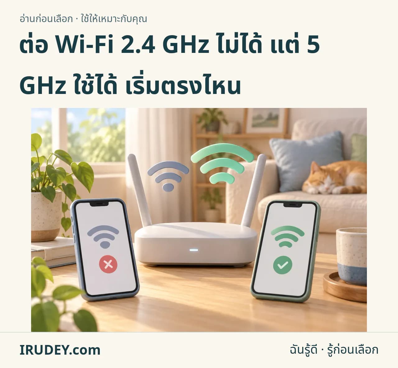 ภาพวาดประกอบ: ต่อ Wi-Fi 2.4 GHz ไม่ได้ แต่ 5 GHz ใช้ได้ เริ่มตรงไหน